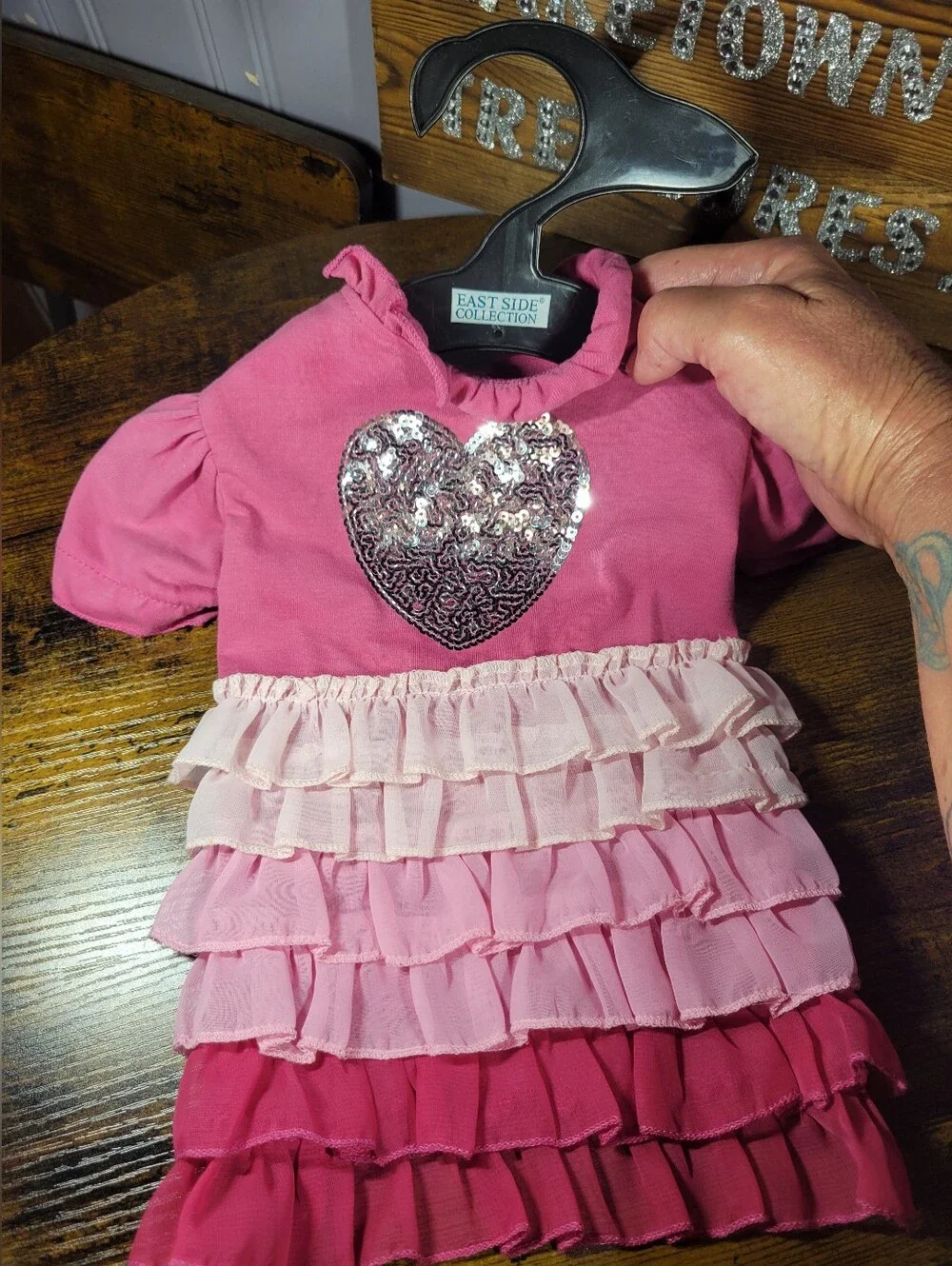 East Side Collection dog size small Pink Ruffled Heart Dress with Sequin Heart